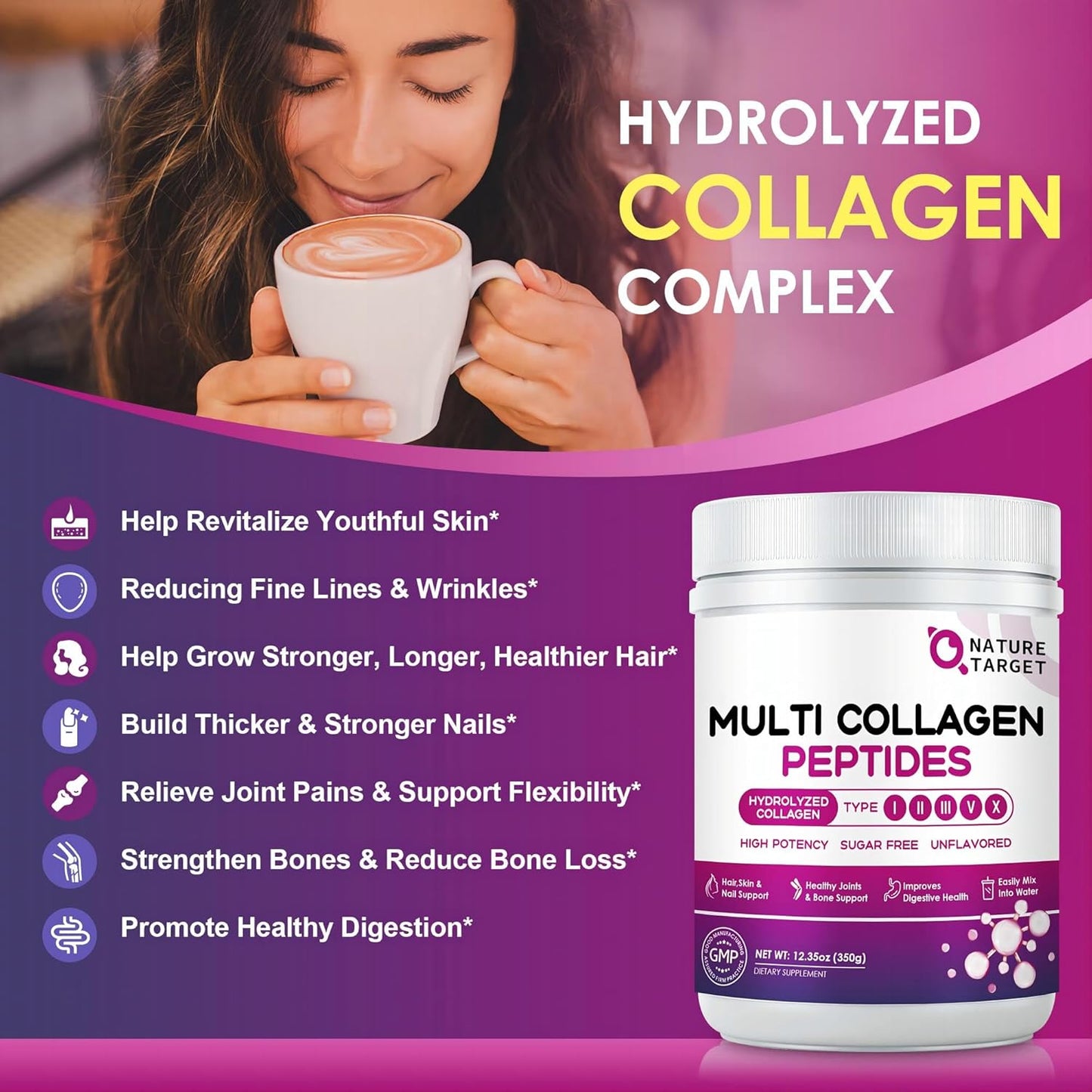 Multi Collagen Peptides Powder - Type I, II, III, V, X - Hydrolyzed Collagen Peptides with Vitamin C Hyaluronic Acid, Supports Skin Hair Nail & Joint, Grass-Fed, Non-GMO