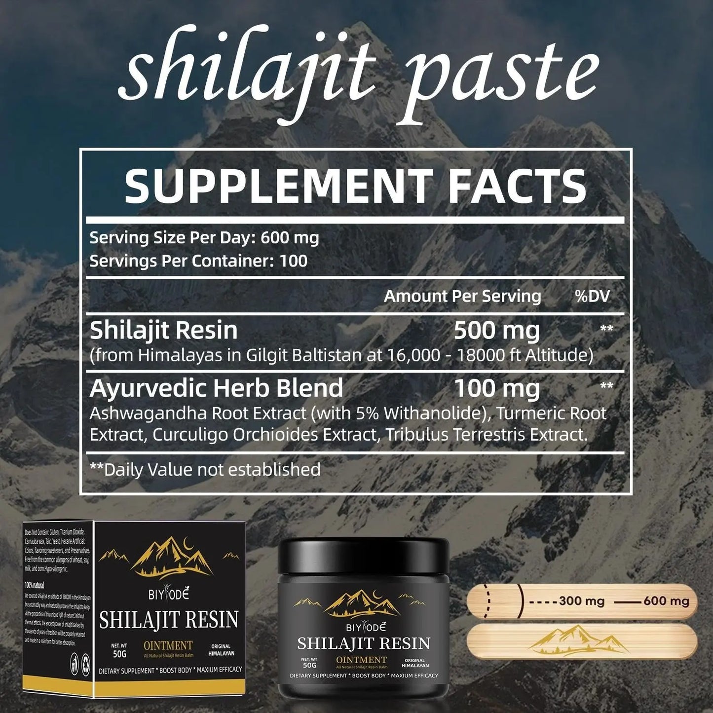 Allebuy himalaya natural shilajit gummies supplement facts showing 600 mg serving size with Ayurvedic herb blend