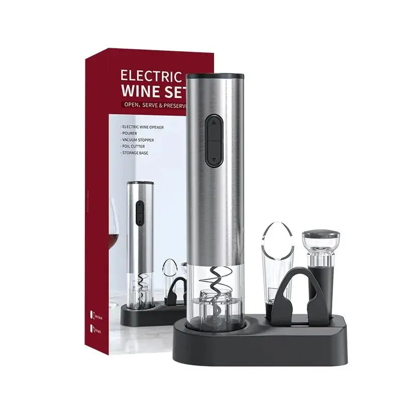Electric wine opener set by Allebuy showing how to open wine with a bottle opener and accessories