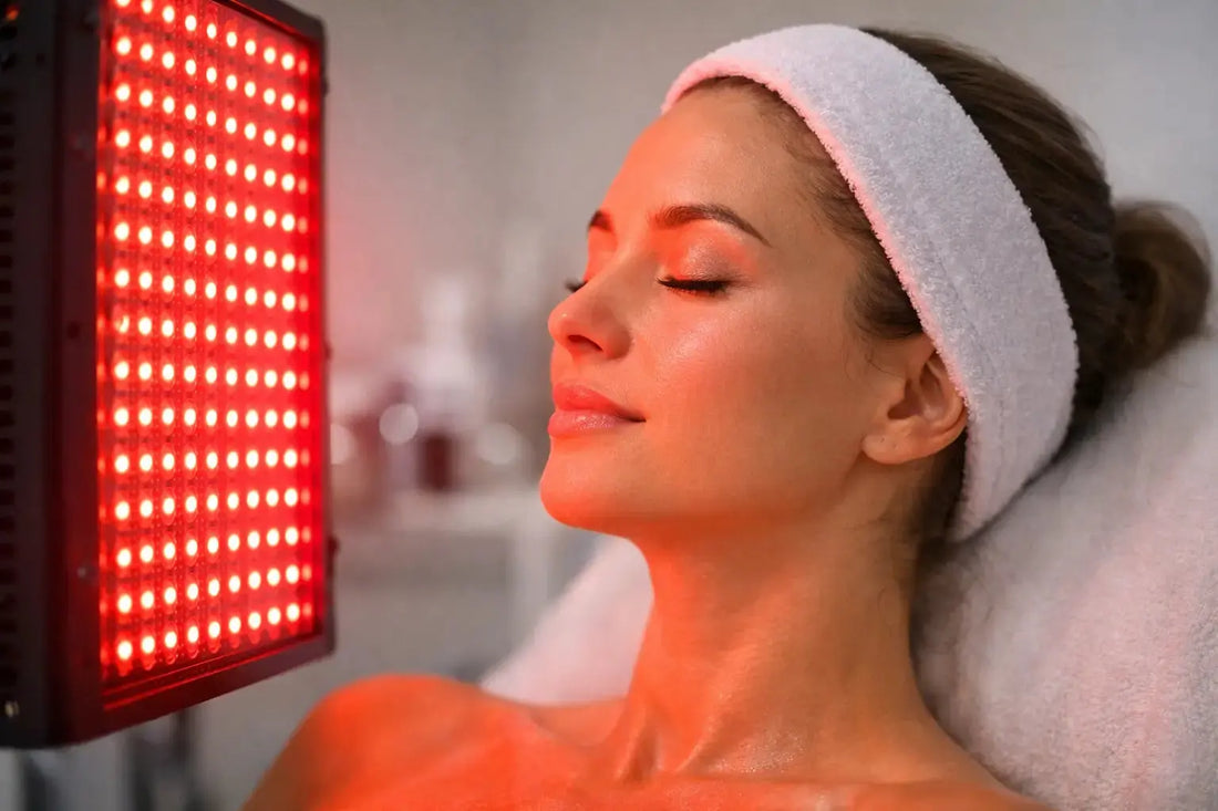 Woman receiving red-light therapy with eyes closed for clearer and smoother-looking skin treatment
