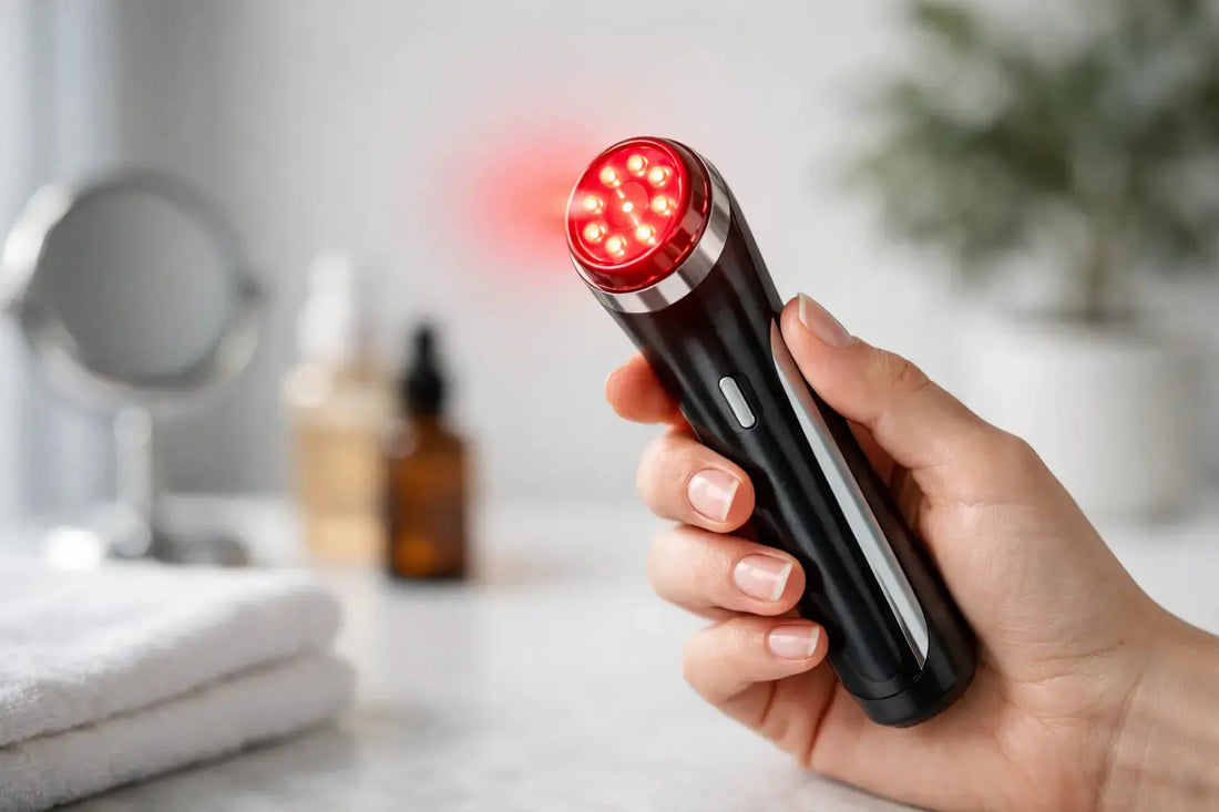 Hand holding a red-light therapy wand emitting red light for skincare treatment at home