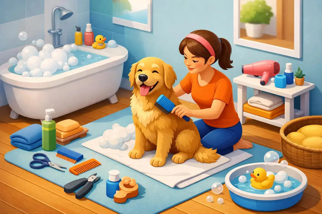 Woman grooming a golden retriever dog at home using simple tools illustrating dog groomers near me pet grooming