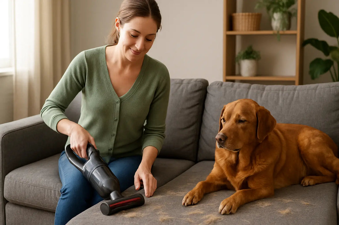Woman using one of the top rated vacuum cleaners for pet hair to clean dog fur from a gray sofa