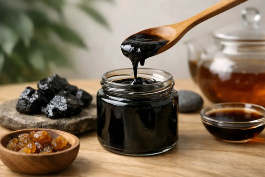 Shilajit resin in a jar being scooped with a wooden spoon showcasing shilajit benefits for health and wellness