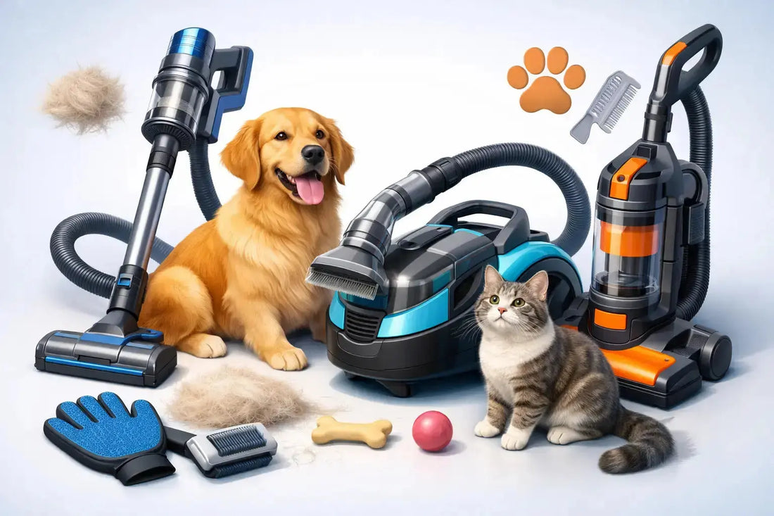 Manual vacuum aspirator and pet grooming tools with dog and cat surrounded by fur and accessories