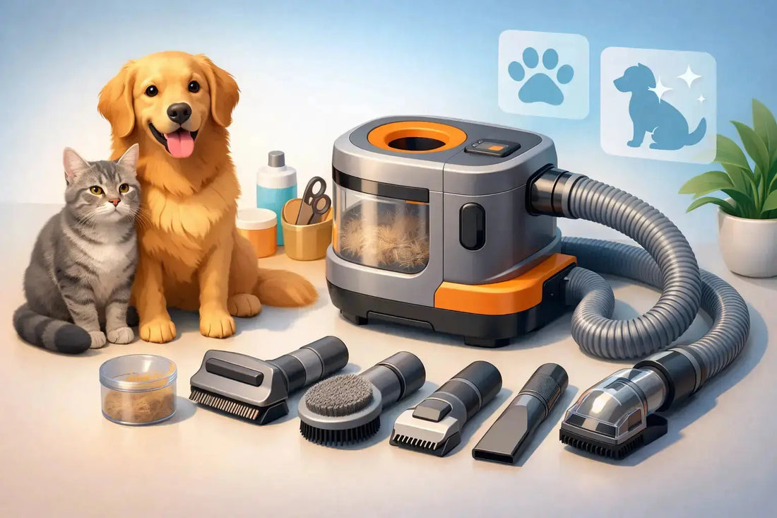 Pet grooming dog vacuum kit with attachments including brushes and combs for effective pet hair cleanup