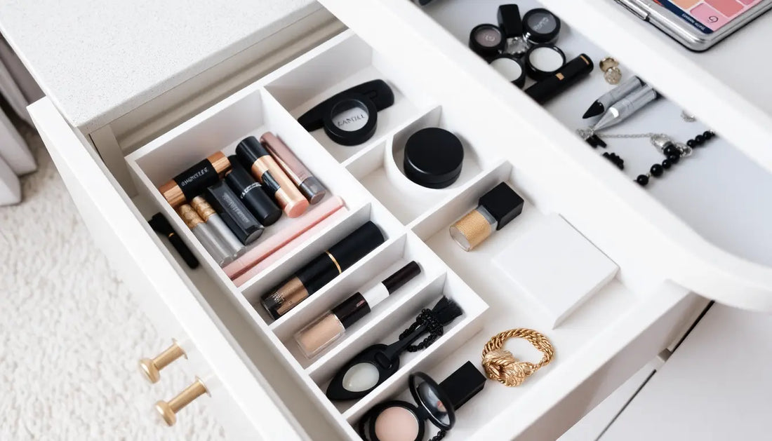 A neatly organized drawer with makeup and jewelry compartments