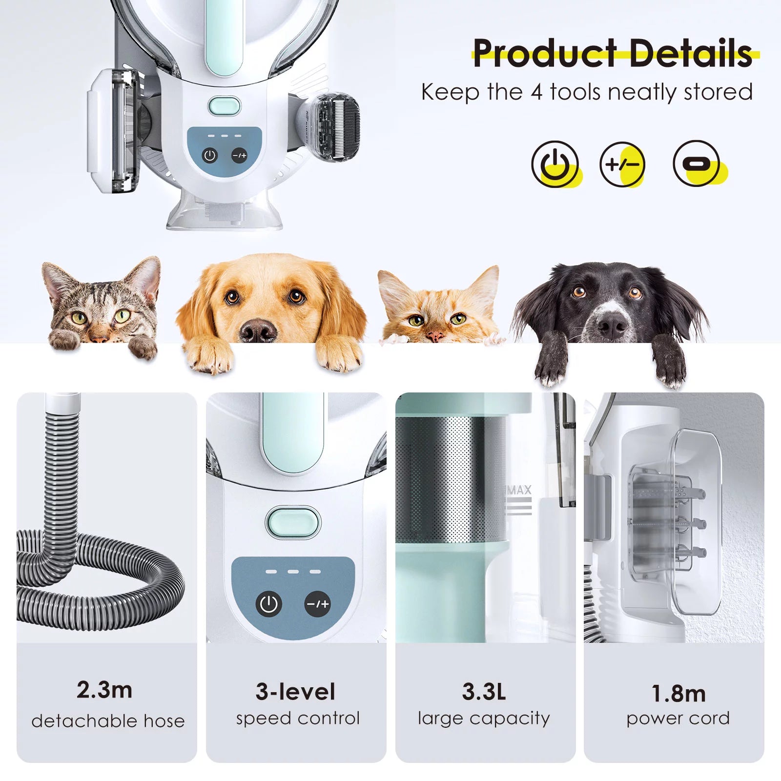 3.5L Pet Grooming Vacuum Kit, Suction Professional Dog Cat Hair Clipper 5-In-1 Green