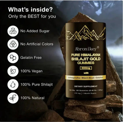 Abronikey Pure Himalayan Shilajit Gold Gummies dietary supplement with 3000mg shilajit gummies in black container