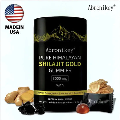 Allebuy Abronikey Pure Himalayan Shilajit Gold Gummies dietary supplement with 3000 mg in black container