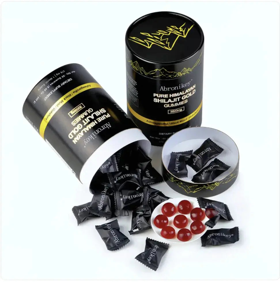 Allebuy Abronikey Pure Himalayan Shilajit Gummies container with individual black packs and red shilajit gummies