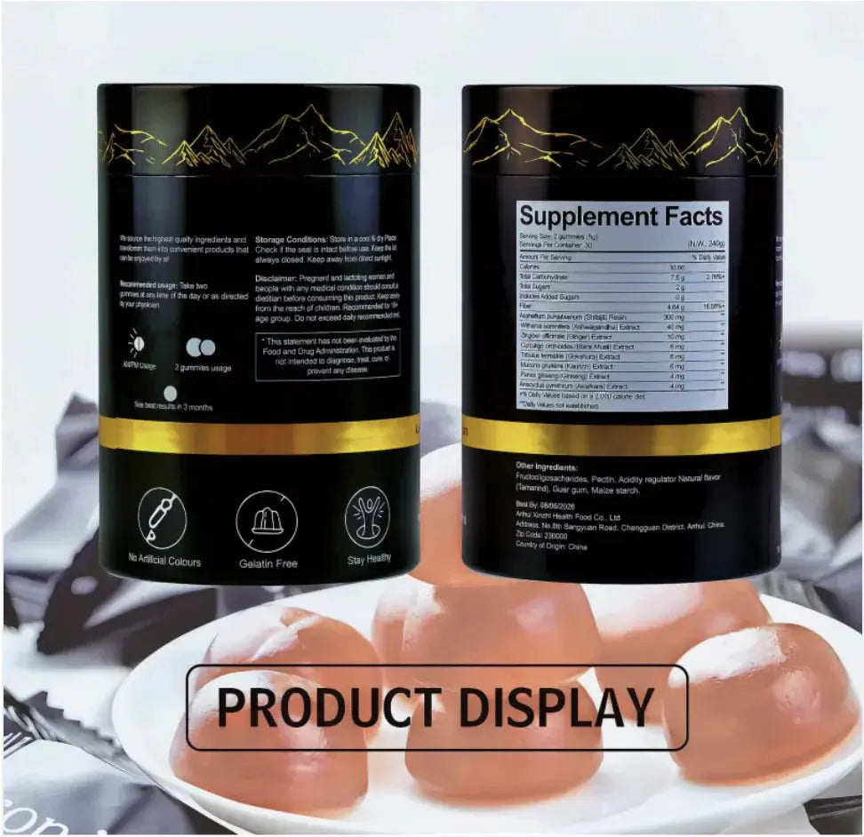 Allebuy shilajit gummies supplement jar with nutritional facts and gummy pieces on a plate