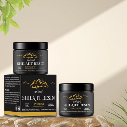 Allebuy Himalaya natural shilajit gummies supplement in black tins and box with gold mountain design