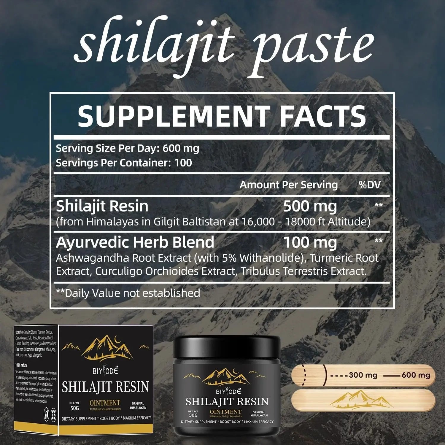 Allebuy himalaya natural shilajit gummies supplement facts showing 600 mg serving size with Ayurvedic herb blend