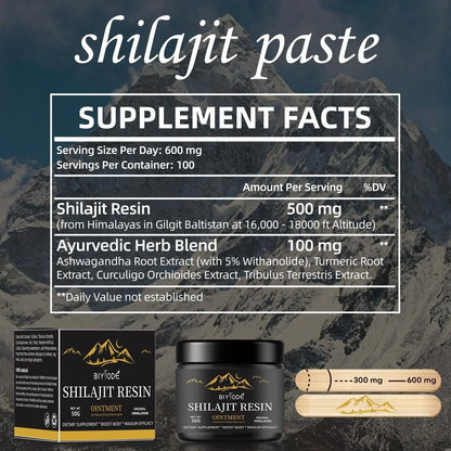 Allebuy himalaya natural shilajit gummies supplement facts showing 600 mg serving size with Ayurvedic herb blend