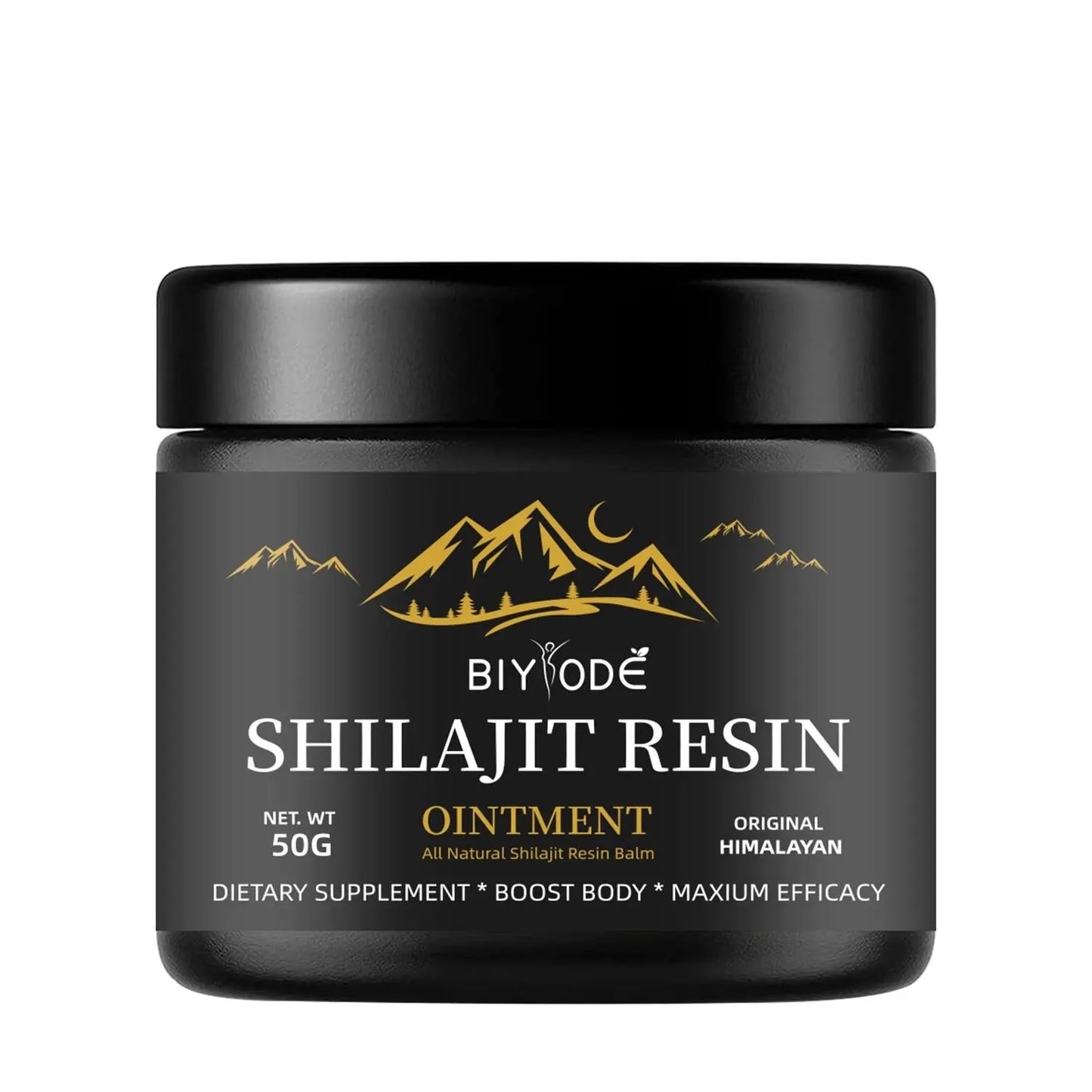 Allebuy Himalaya natural shilajit gummies dietary supplement in black jar with gold mountain design