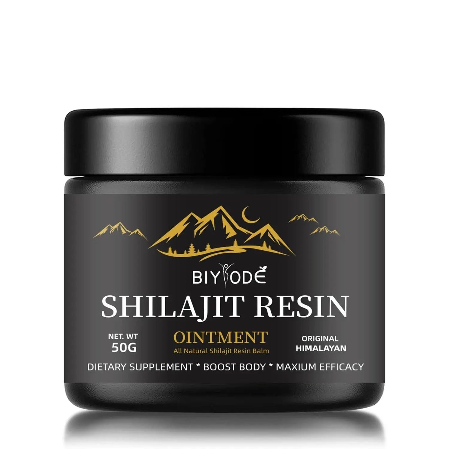 Allebuy Himalaya natural shilajit gummies in black container with gold mountain design dietary supplement