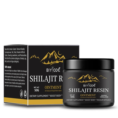 Allebuy Himalaya natural shilajit gummies supplement jar and box with black and gold design