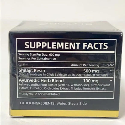 Supplement facts label for Allebuy himalaya natural shilajit gummies showing ingredient details and serving size