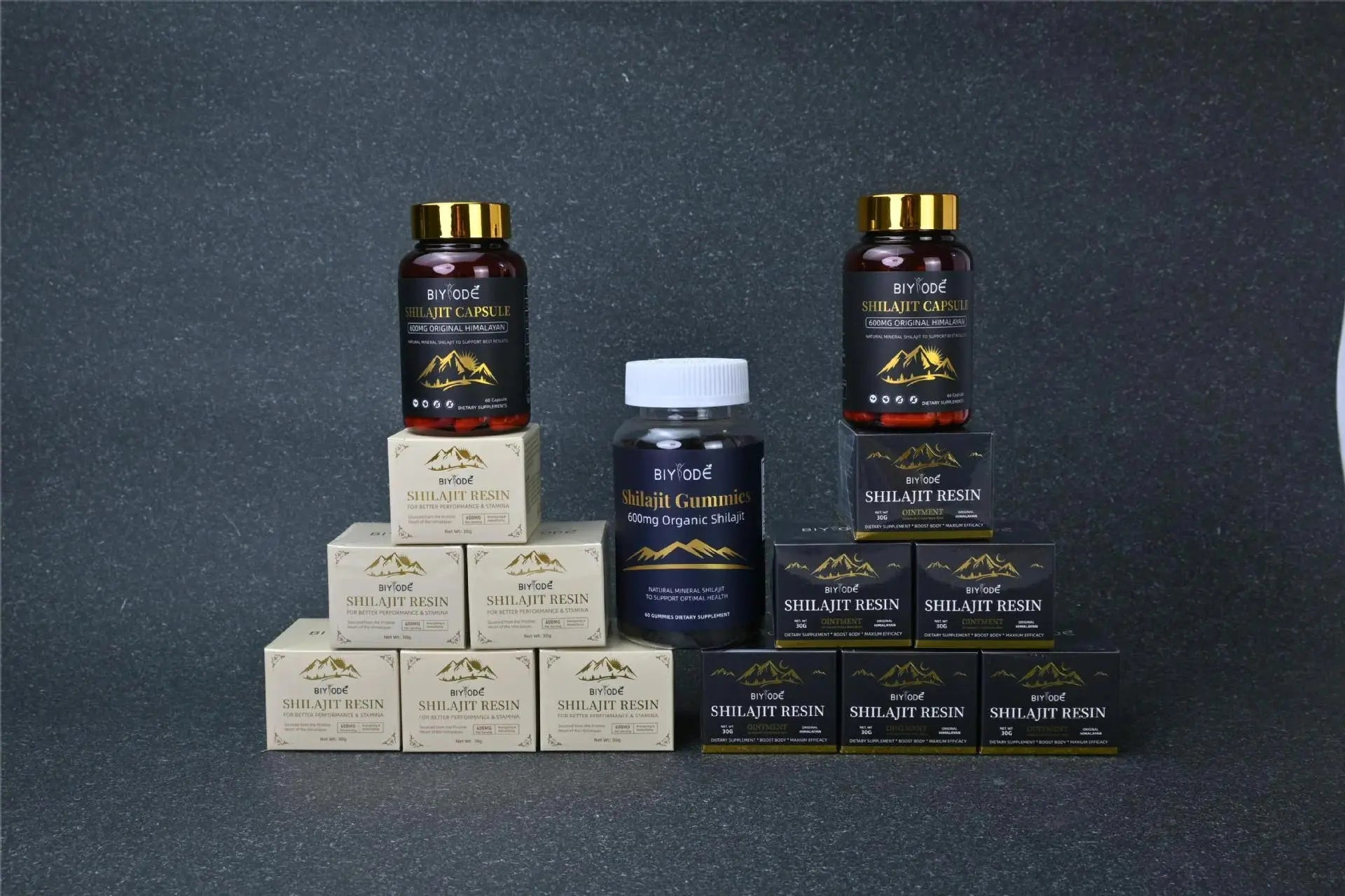 Allebuy Himalayan shilajit resin supplement collection including capsules and gummies in various packaging