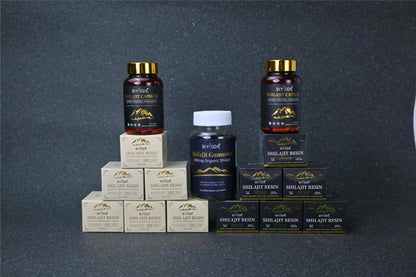 Allebuy Himalayan shilajit resin supplement collection including capsules and gummies in various packaging