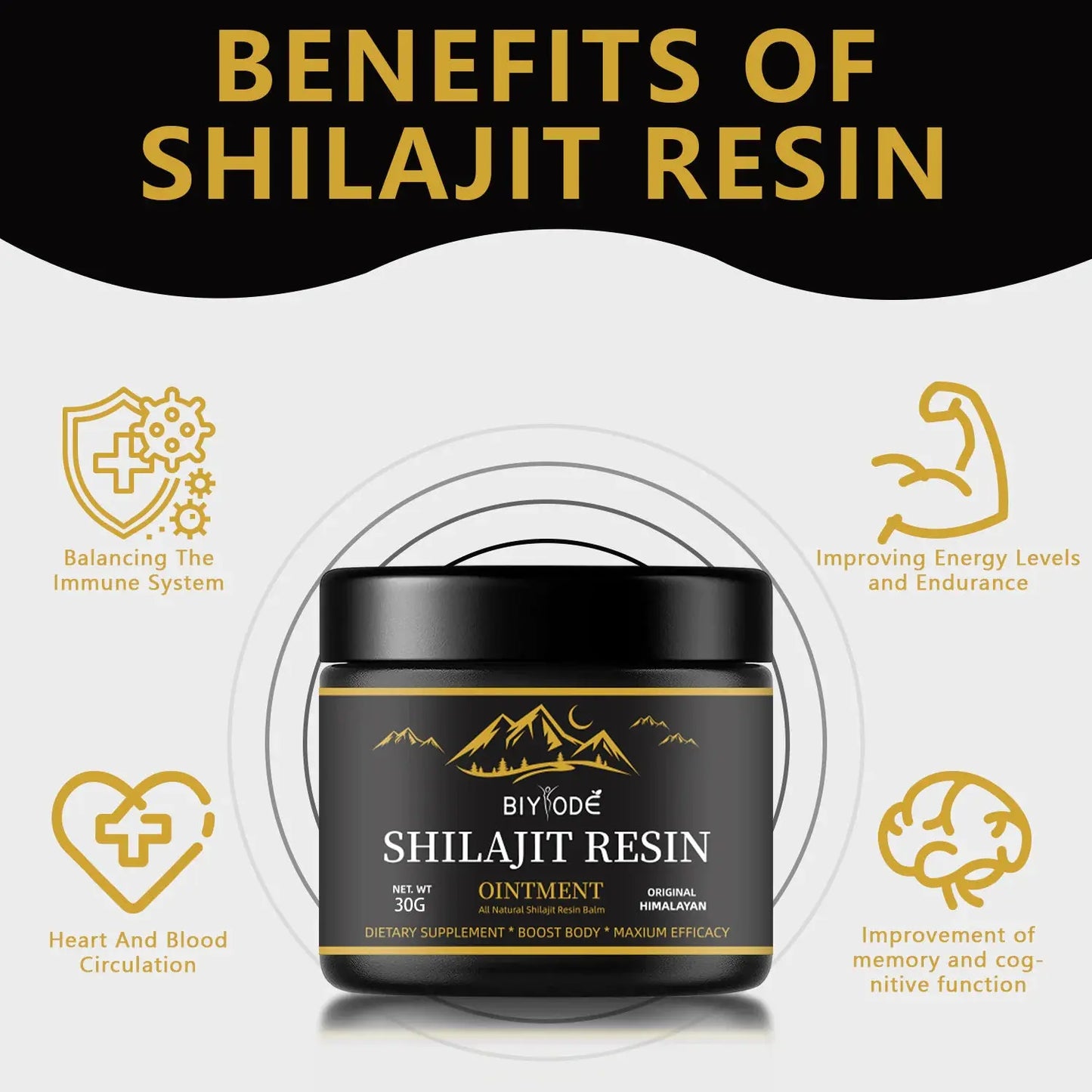 Allebuy Himalayan shilajit resin ointment jar showing benefits like immune support and energy boost