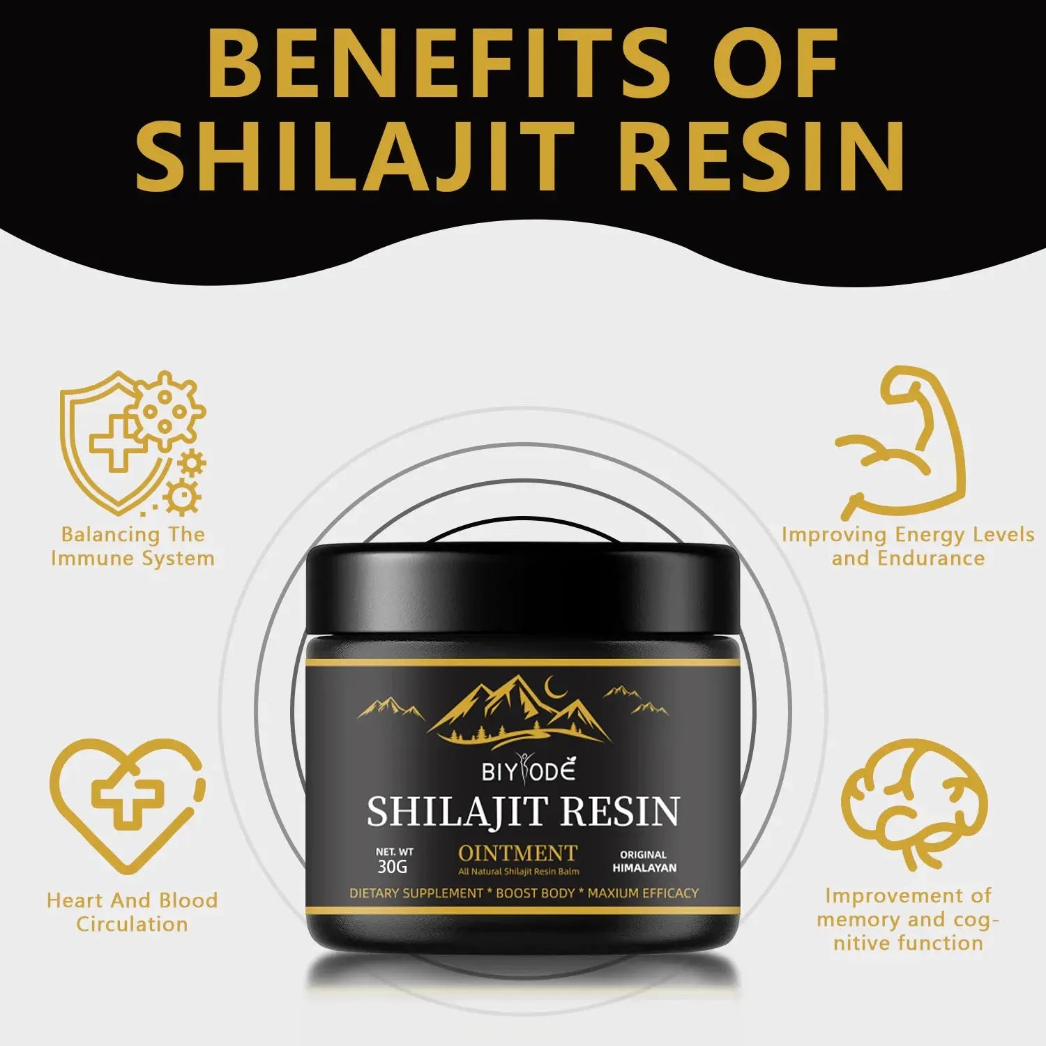 Allebuy Himalayan shilajit resin ointment jar showing benefits like immune support and energy boost