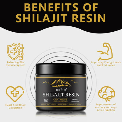 Allebuy Himalayan shilajit resin ointment jar showing benefits like immune support and energy boost