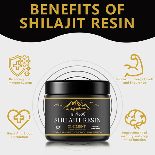 Allebuy Himalayan shilajit resin ointment jar showing benefits like immune support and energy boost