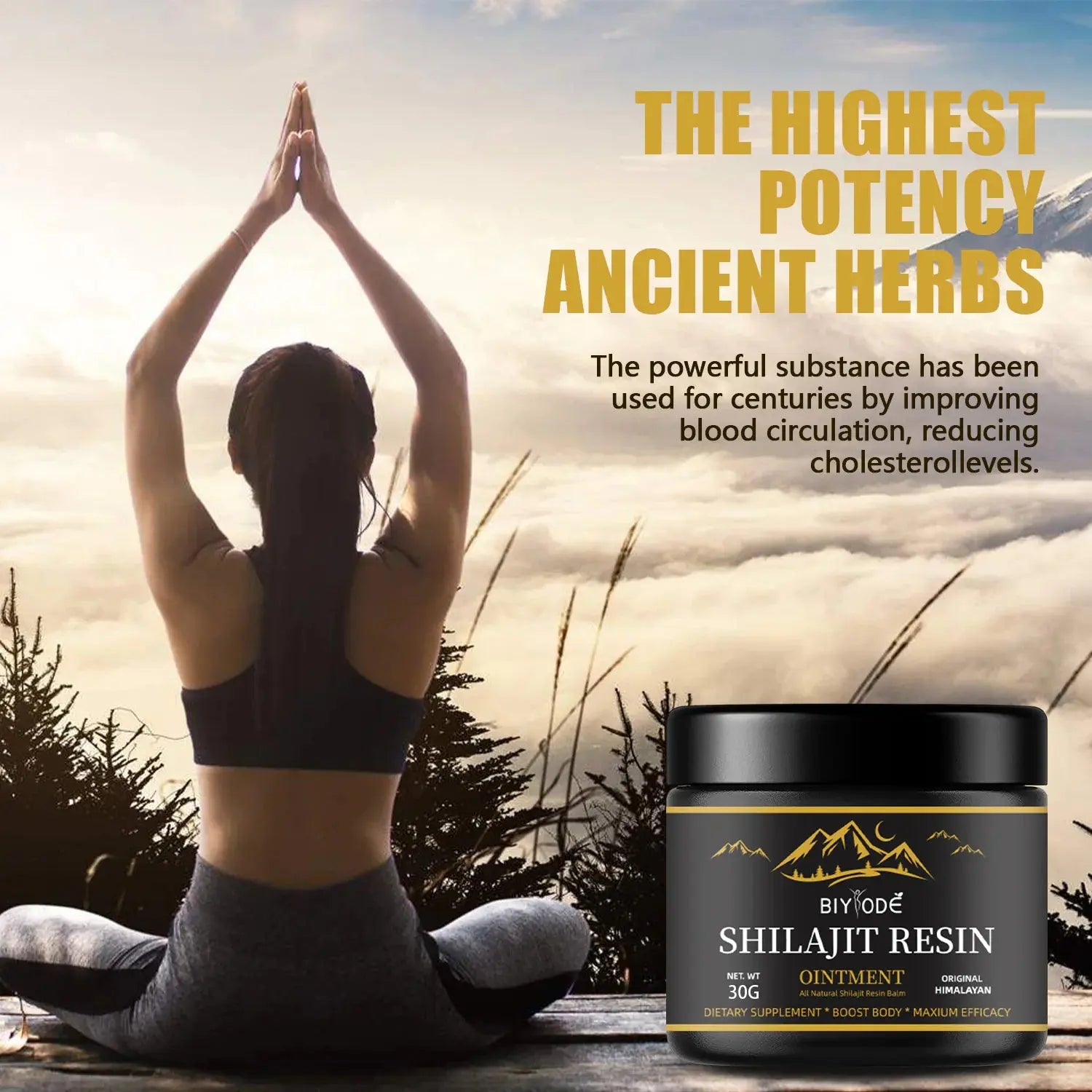 Allebuy Himalayan shilajit resin supplement jar with a woman practicing yoga at sunrise