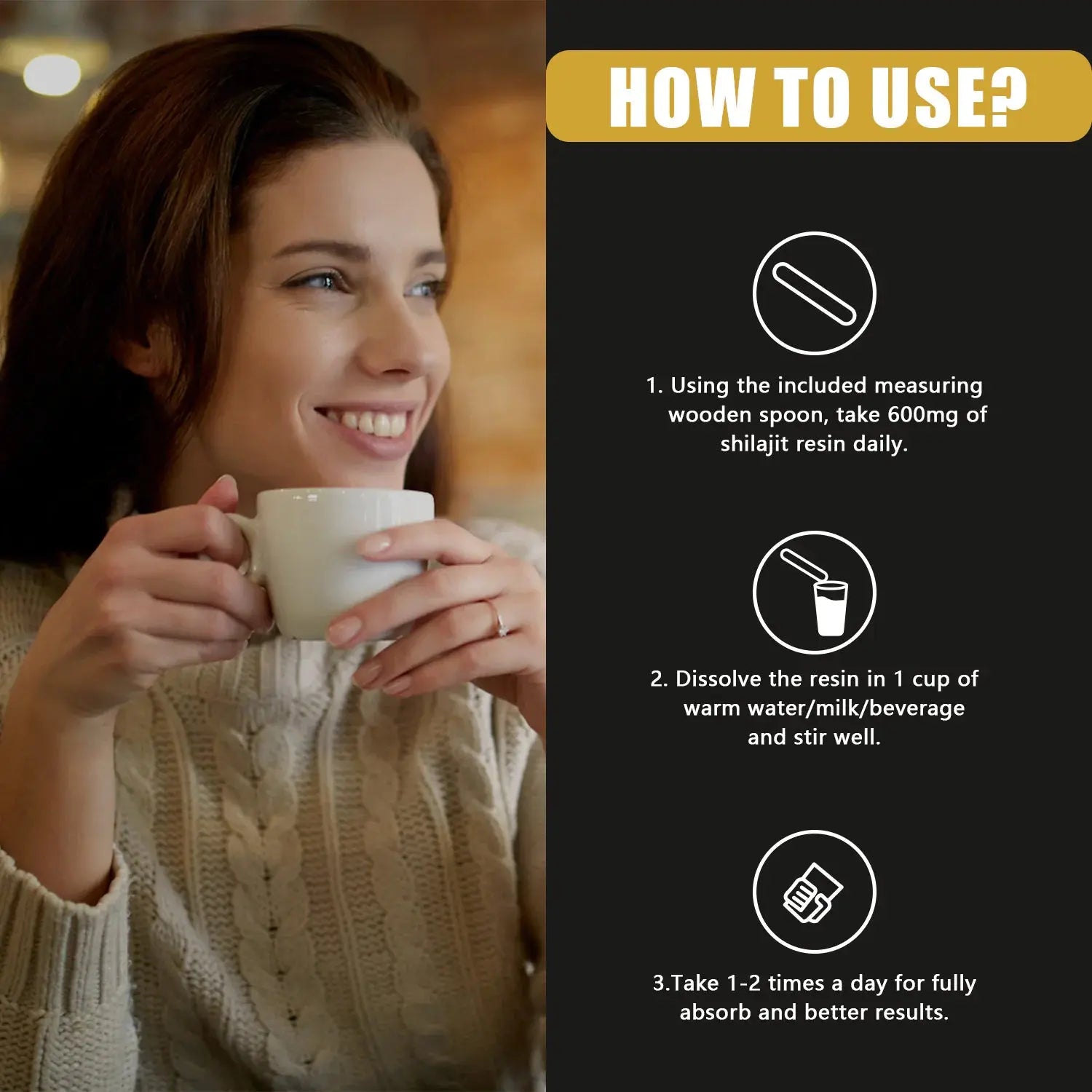 Instructions for how to use Allebuy Himalayan shilajit resin supplement with a woman drinking a hot beverage
