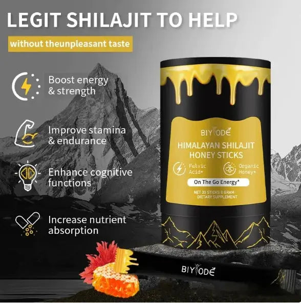 Allebuy Himalayan Shilajit Honey Sticks supplement highlighting shilajit uses for men including boosting energy and cognitive functions