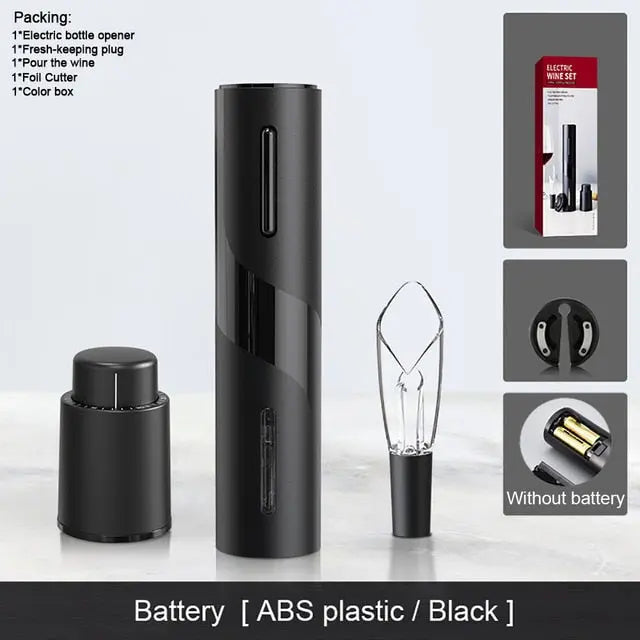 Black electric bottle opener set showing components and packaging for how to open wine with a bottle opener