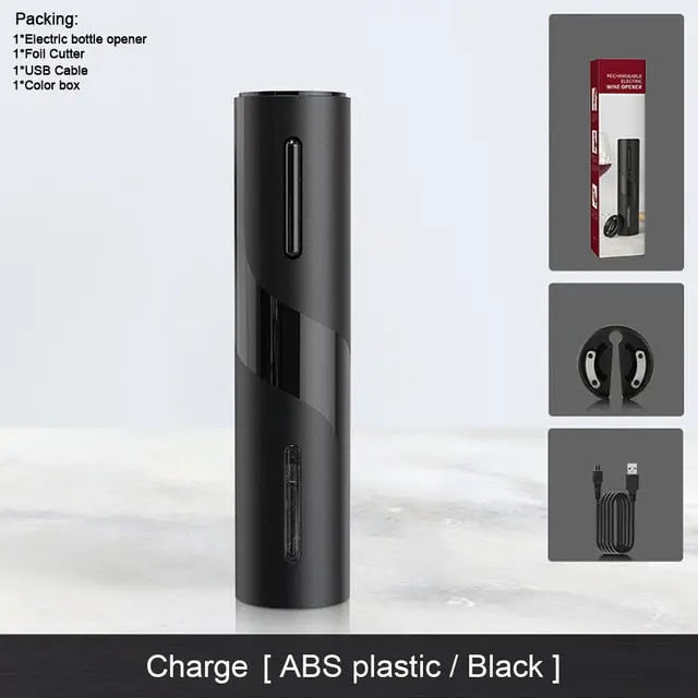 Allebuy electric bottle opener in black showing how to open wine with a bottle opener with USB charging cable and foil cutter