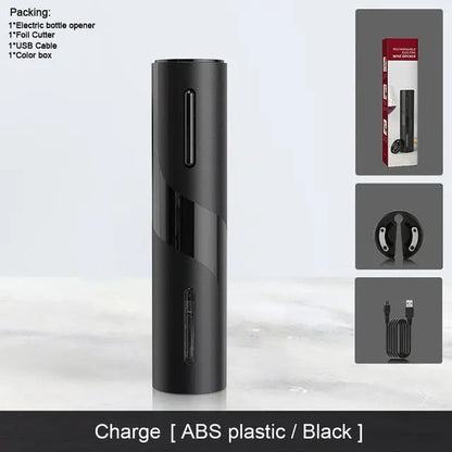 Allebuy electric bottle opener in black showing how to open wine with a bottle opener with USB charging cable and foil cutter