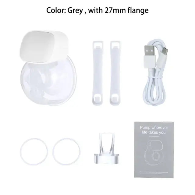 Grey breast pump accessories kit with 27mm flange USB cable and straps for breast pump on breast use