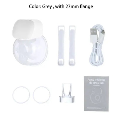 Grey breast pump accessories kit with 27mm flange USB cable and straps for breast pump on breast use