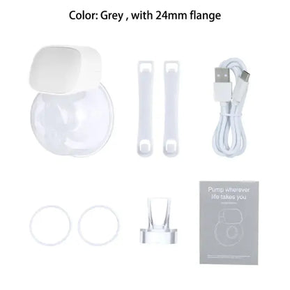 Breast pump on breast accessories kit by Allebuy including flange, straps, USB cable, and manual in grey color