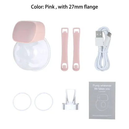 Pink Allebuy breast pump parts kit with USB cable and 27mm flange for breast pump on breast use