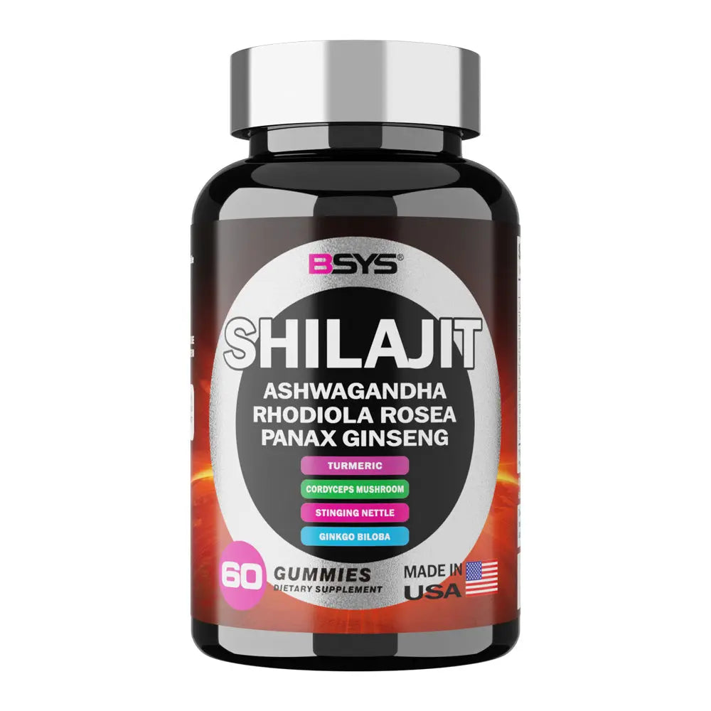 Allebuy BSYS Shilajit gummies dietary supplement bottle with Ashwagandha and Ginseng for wellness
