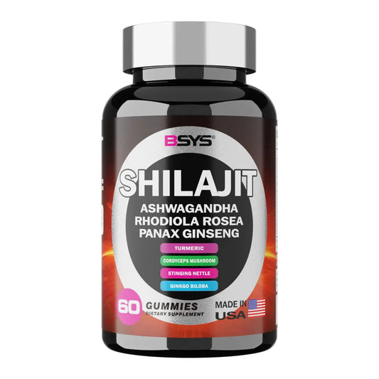 Allebuy BSYS Shilajit gummies dietary supplement bottle with Ashwagandha and Ginseng for wellness