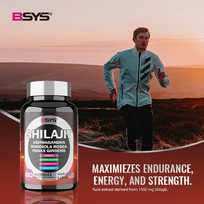 Allebuy shilajit gummies supplement bottle with natural herbs shown with a man running outdoors at sunset
