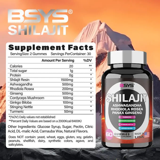 Allebuy BSYS Shilajit gummies supplement bottle with Ashwagandha, Rhodiola Rosea, and Panax Ginseng ingredients