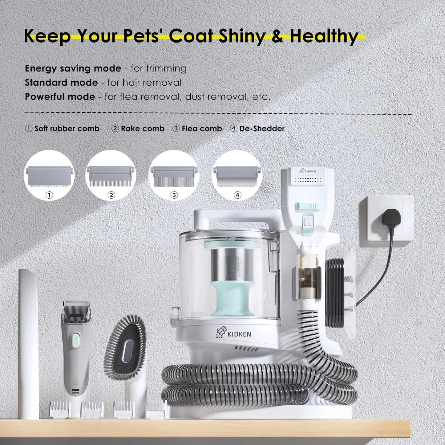 3.5L Pet Grooming Vacuum Kit, Suction Professional Dog Cat Hair Clipper 5-In-1 Green