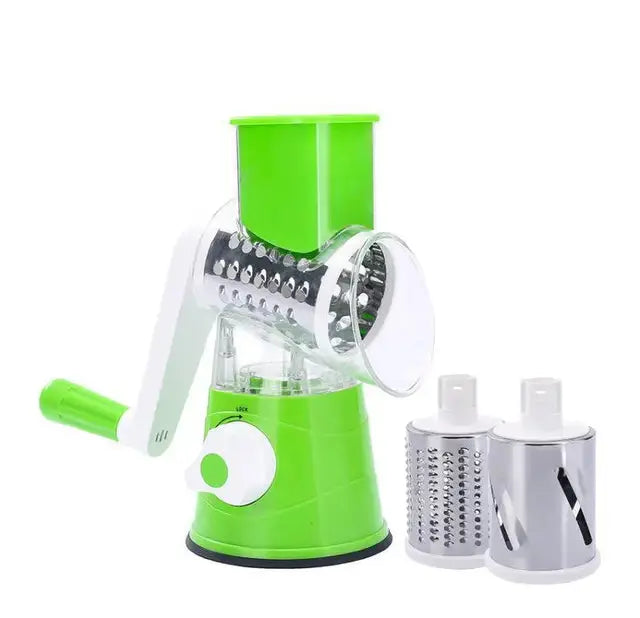 Green manual cheese grater and cheese drum set with hand crank and multiple grating options
