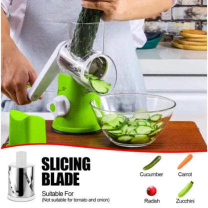 Allebuy green kitchen slicer with slicing blade grating cucumber slices in a bowl cheese grater and cheese