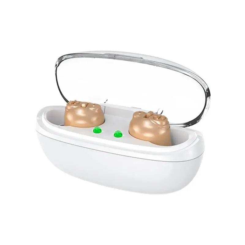 Allebuy electronic hearing aids in white charging case with clear lid and gold-colored devices