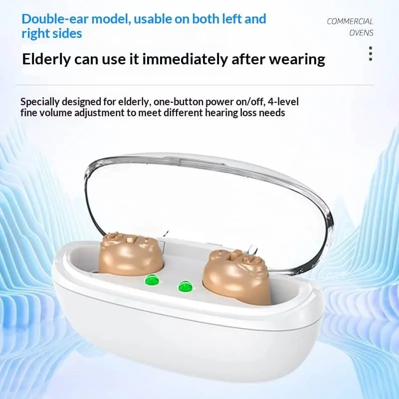 Allebuy electronic hearing aids in white charging case designed for elderly with volume adjustment