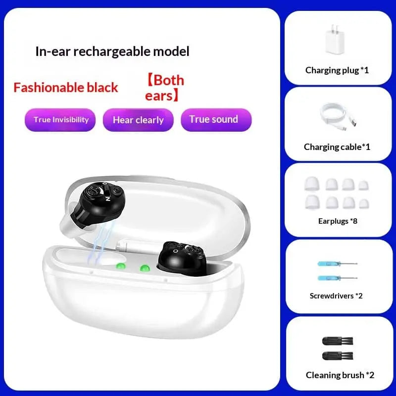 Allebuy in-ear rechargeable electronic hearing aids black for both ears with charging case and accessories