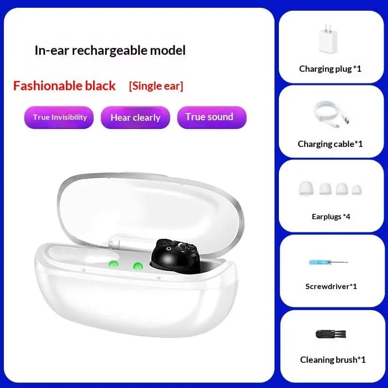 Allebuy in-ear rechargeable electronic hearing aids single black model with accessories